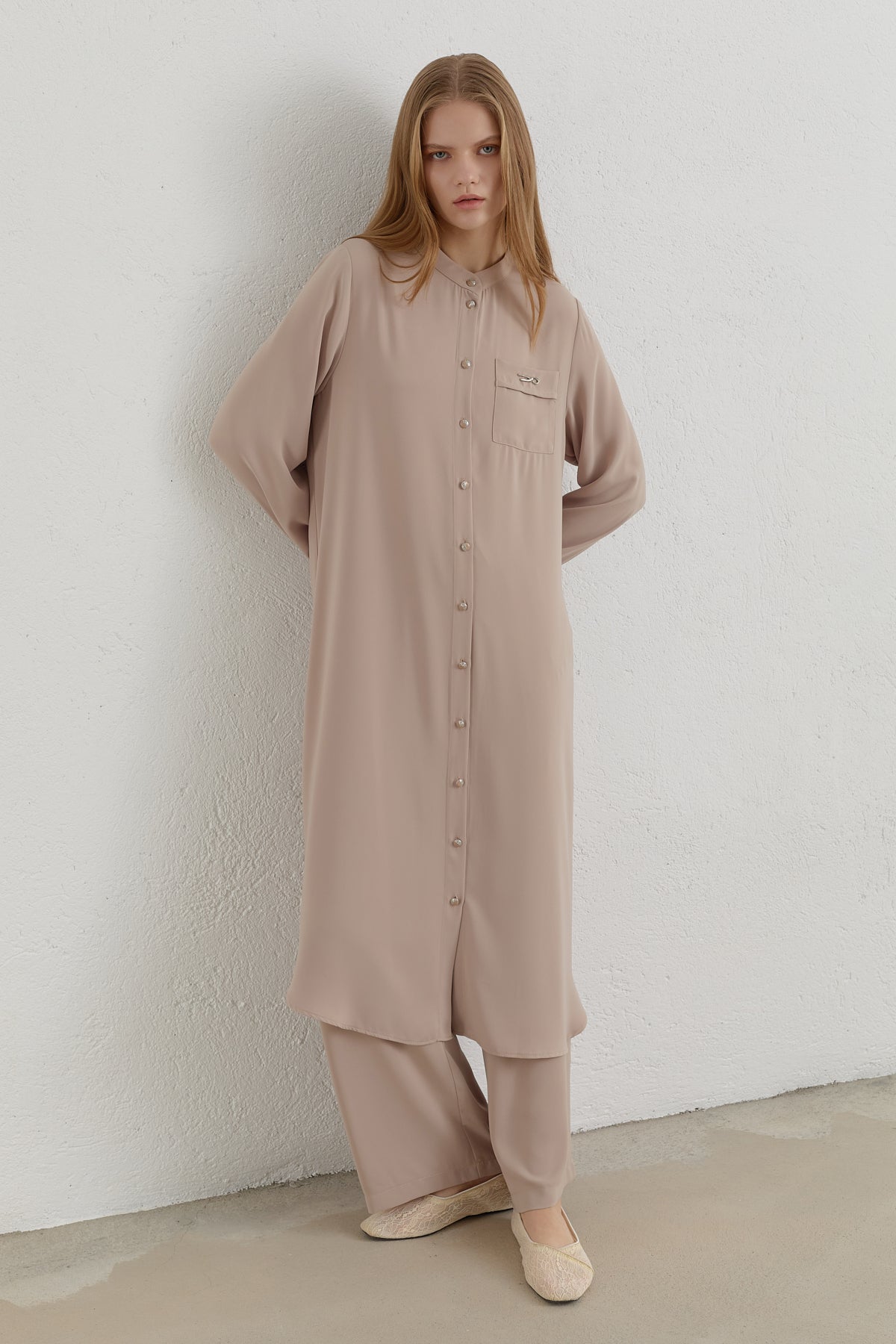 Plus Size Stand-Up Collar Basic Tunic - Beige