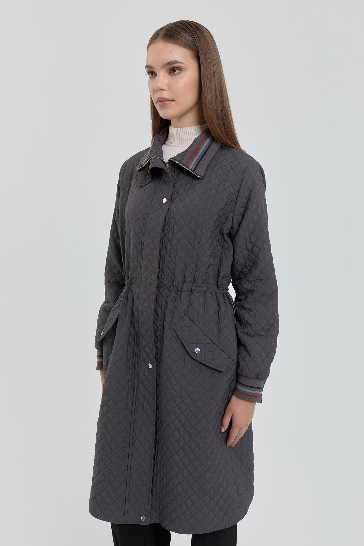 Plus Size Slim Quilted Drawstring Waist Coat - Anthracite