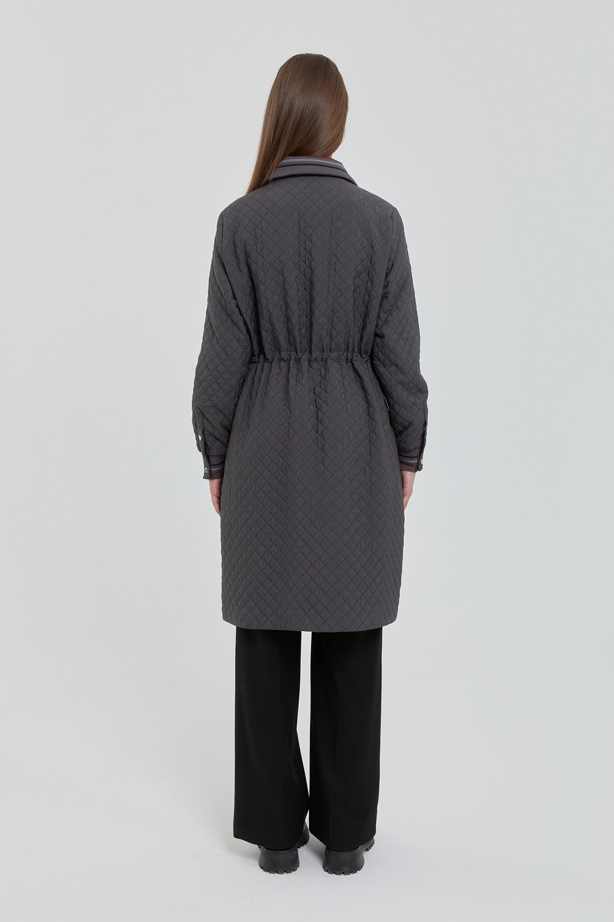 Plus Size Slim Quilted Drawstring Waist Coat - Anthracite