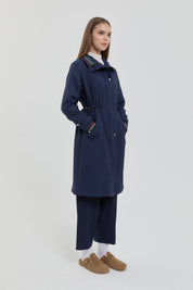 Plus Size Slim Quilted Drawstring Waist Coat - Navy Blue