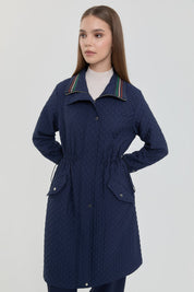 Plus Size Slim Quilted Drawstring Waist Coat - Navy Blue