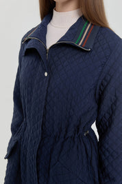 Plus Size Slim Quilted Drawstring Waist Coat - Navy Blue