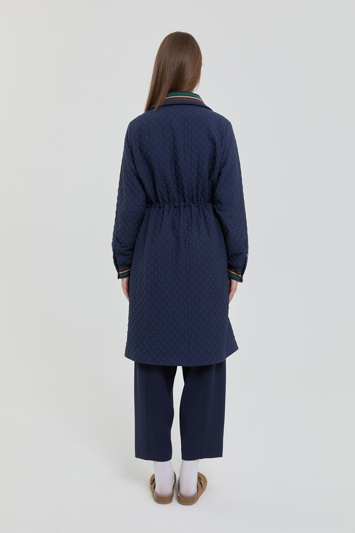 Plus Size Slim Quilted Drawstring Waist Coat - Navy Blue