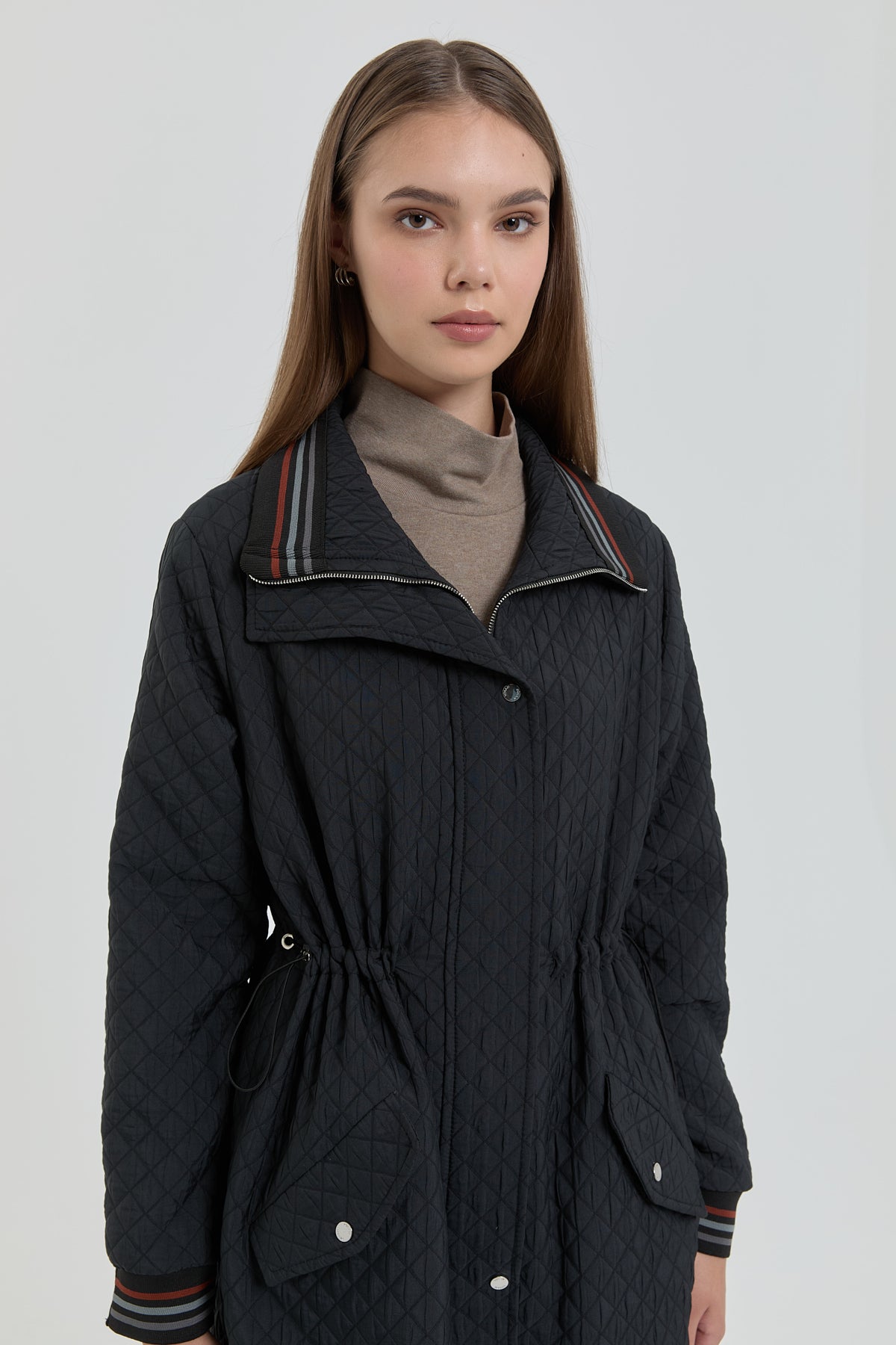 Plus Size Slim Quilted Drawstring Waist Coat - Black