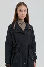 Plus Size Slim Quilted Drawstring Waist Coat - Black