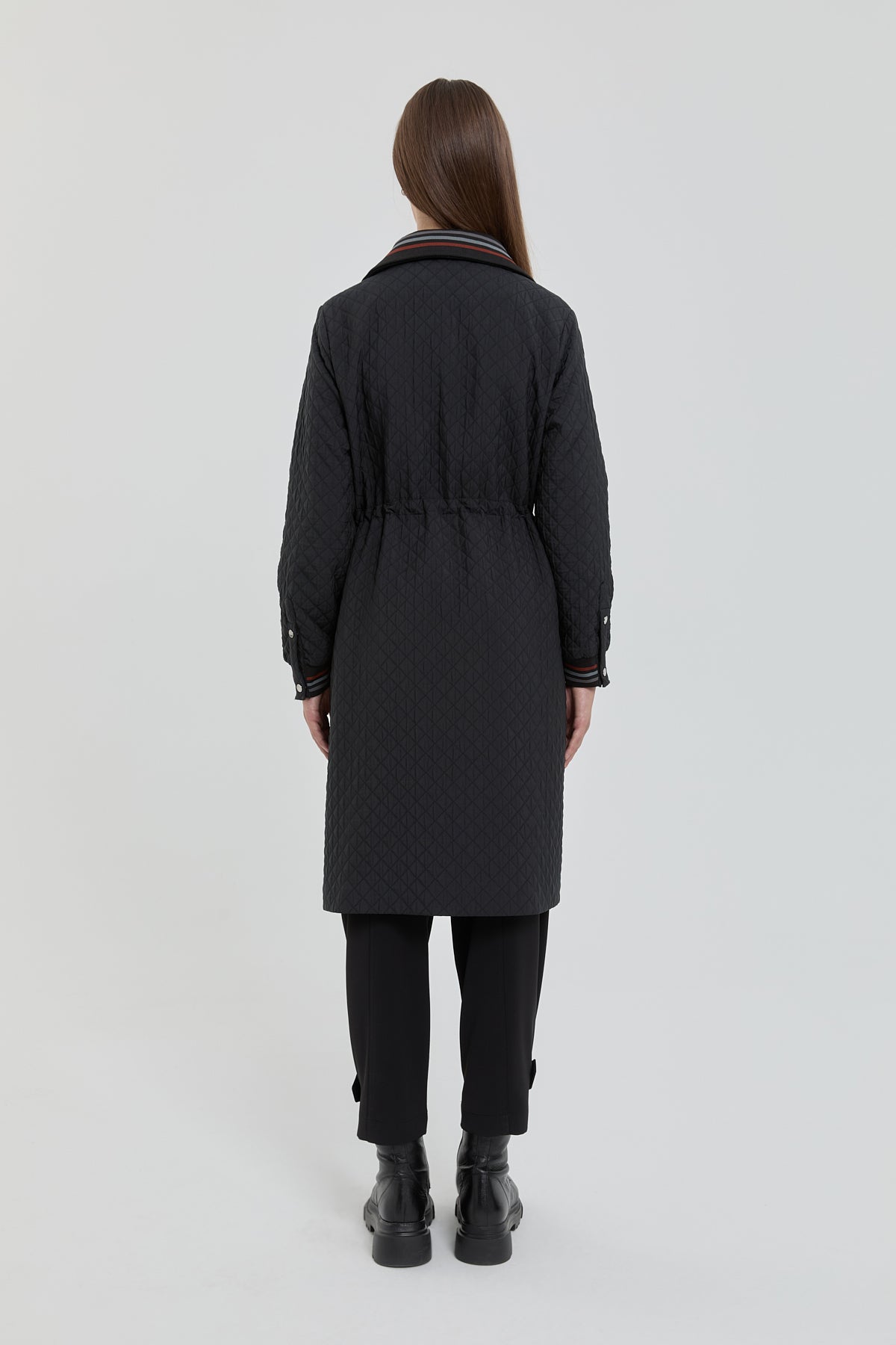 Plus Size Slim Quilted Drawstring Waist Coat - Black