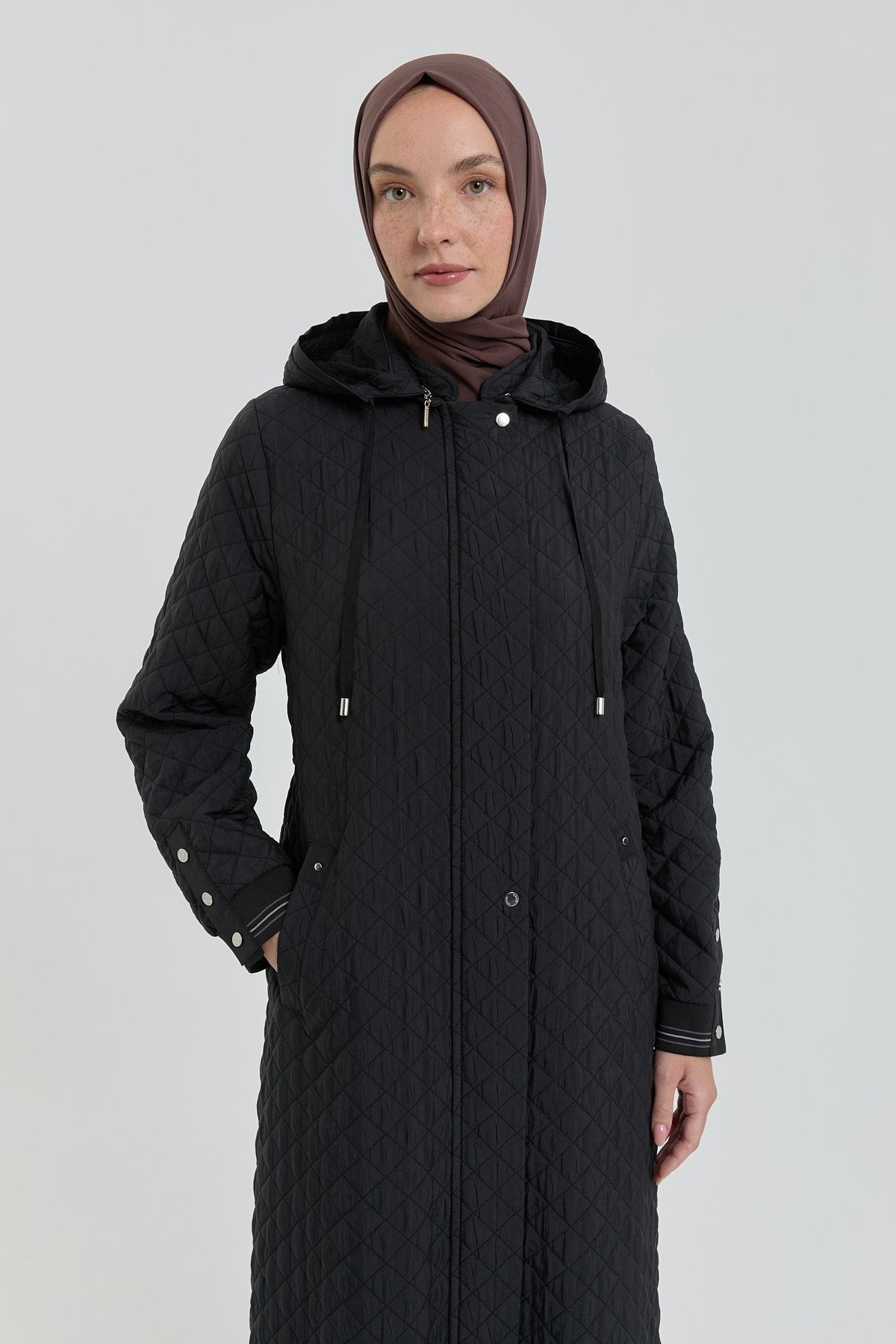 Plus Size Slim Quilted Trench Coat - Black