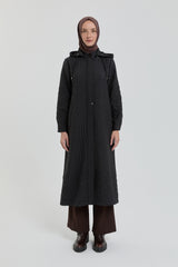 Plus Size Thin Quilted Detachable Hooded Trench Coat - Black