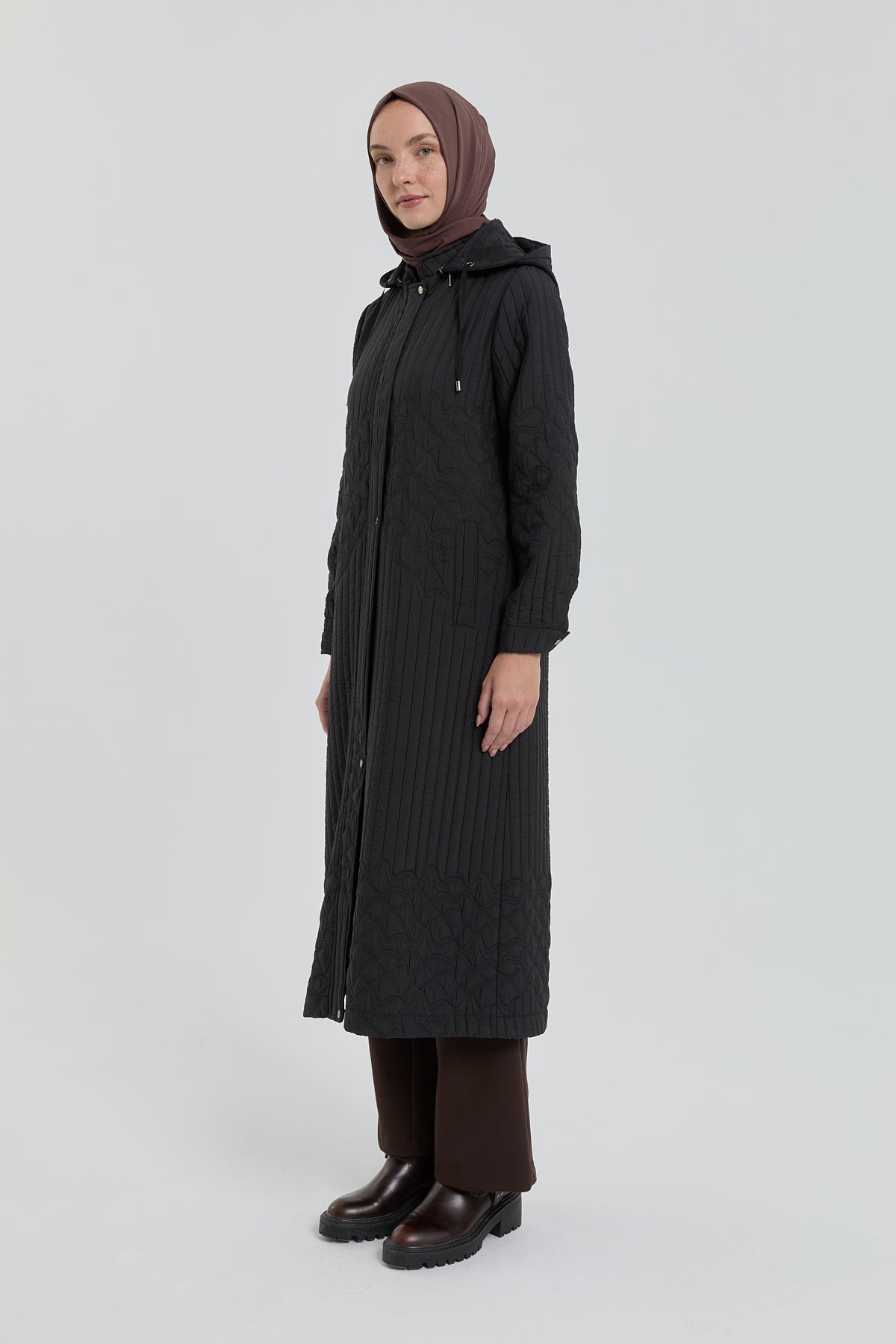 Plus Size Thin Quilted Detachable Hooded Trench Coat - Black