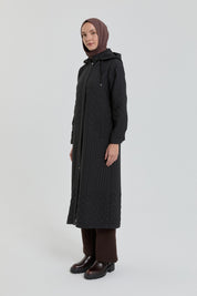 Plus Size Thin Quilted Detachable Hooded Trench Coat - Black