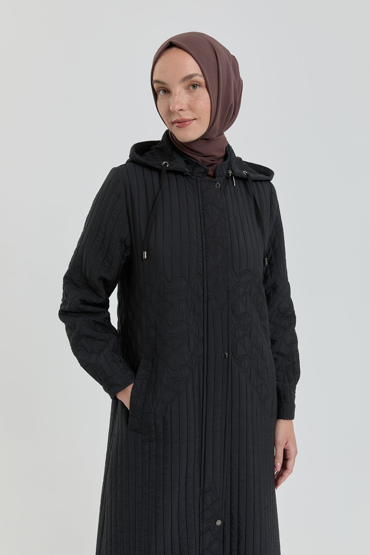 Plus Size Thin Quilted Detachable Hooded Trench Coat - Black