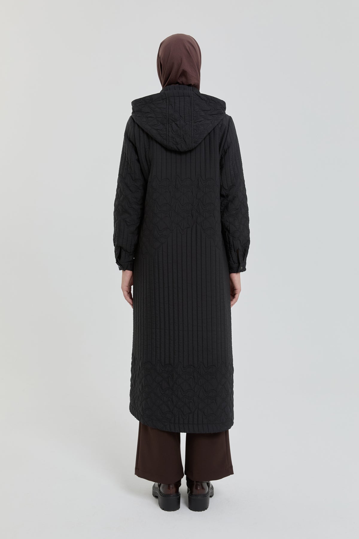 Plus Size Thin Quilted Detachable Hooded Trench Coat - Black