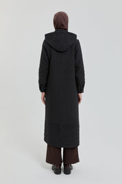 Plus Size Thin Quilted Detachable Hooded Trench Coat - Black
