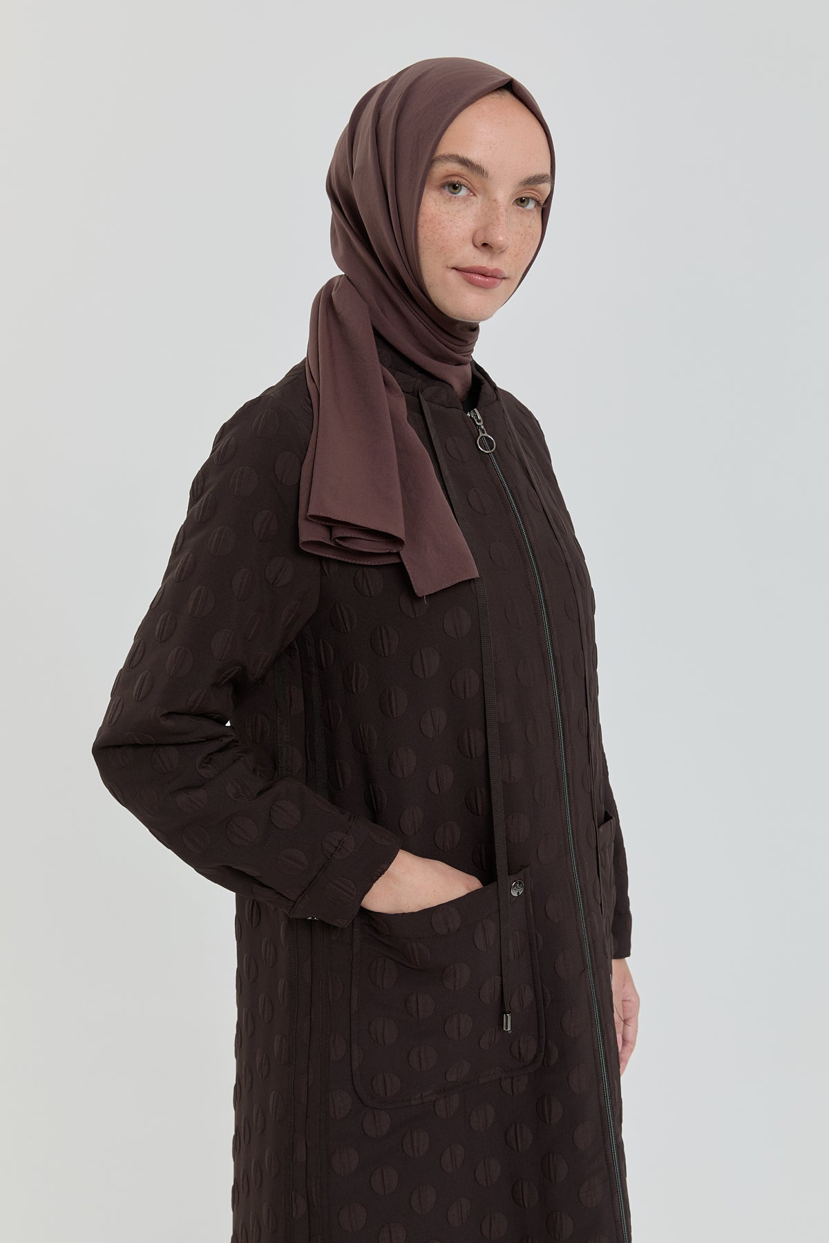 Plus Size Slim Quilted Coat with Bag Pockets - Coffee