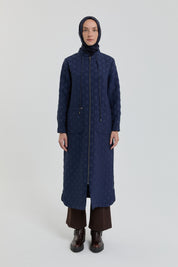 Plus Size Slim Quilted Coat with Bag Pockets - Navy Blue