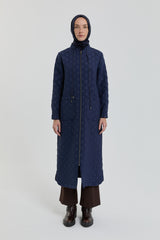 Plus Size Slim Quilted Coat with Bag Pockets - Navy Blue