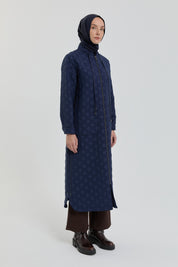 Plus Size Slim Quilted Coat with Bag Pockets - Navy Blue