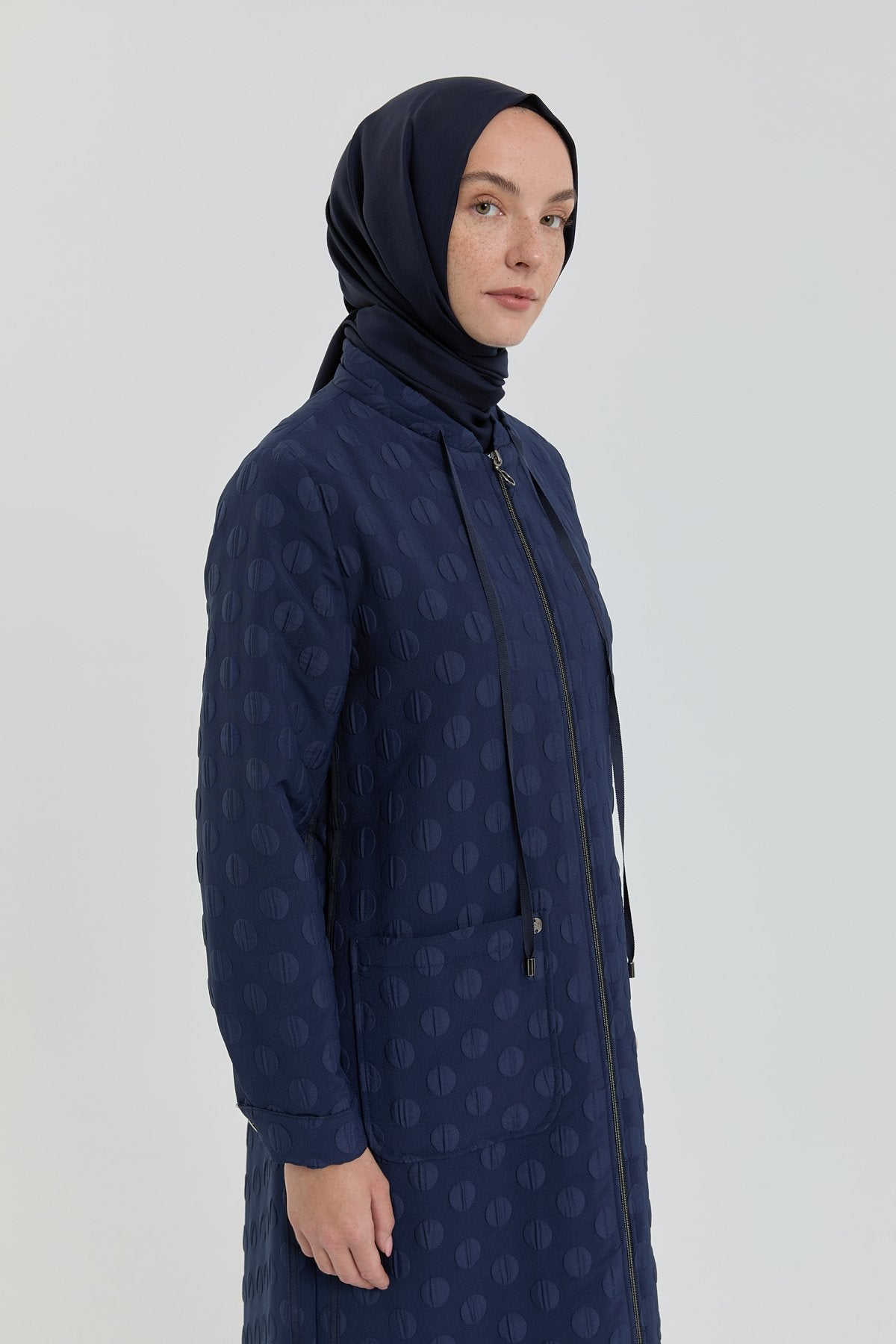 Plus Size Slim Quilted Coat with Bag Pockets - Navy Blue