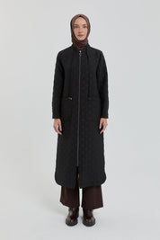 Plus Size Slim Quilted Coat with Bag Pockets - Black