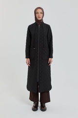 Plus Size Slim Quilted Coat with Bag Pockets - Black