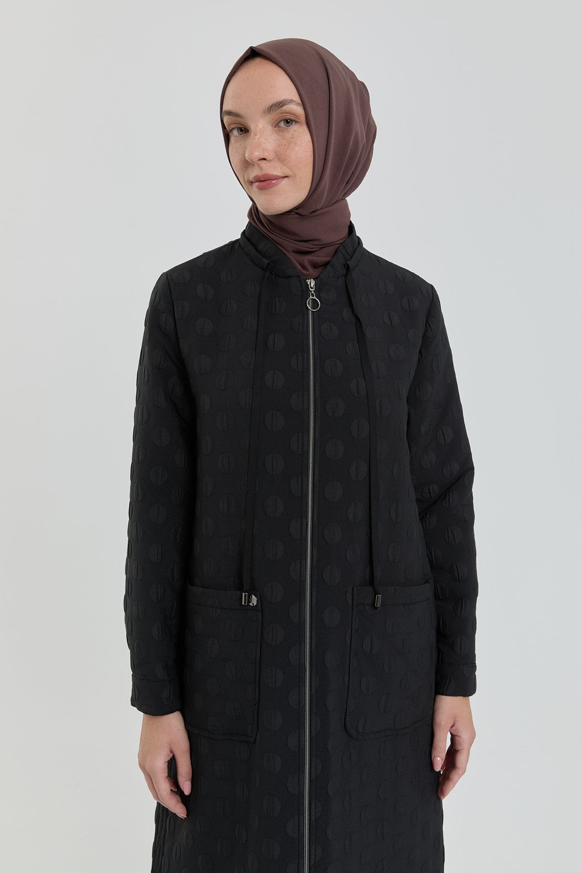 Plus Size Slim Quilted Coat with Bag Pockets - Black