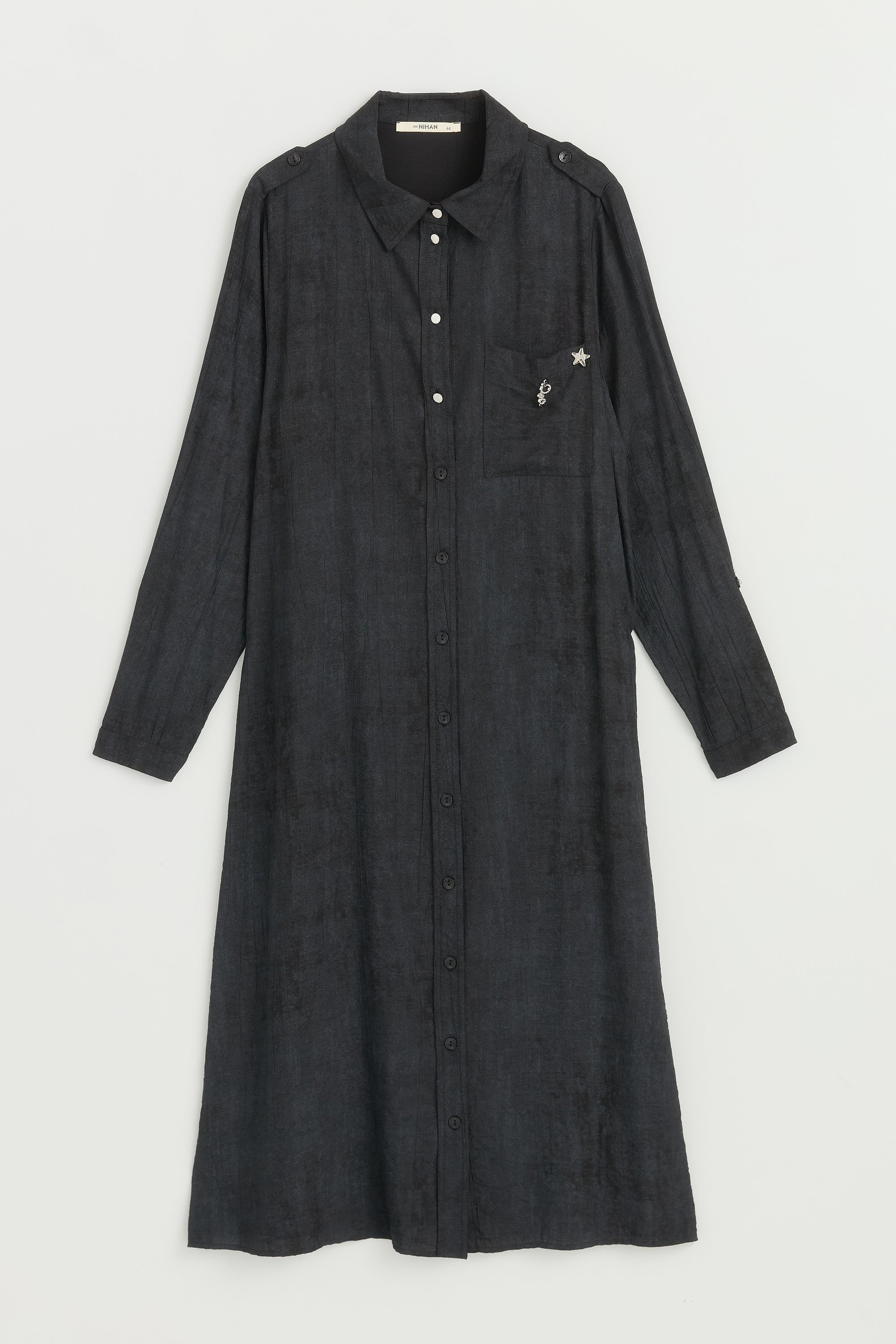 Büyük Beden Kolu Ayarlamalı Safari Rayon Tunik - Siyah