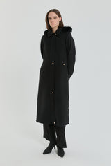 Plus Size Fur Hooded Coat - Black
