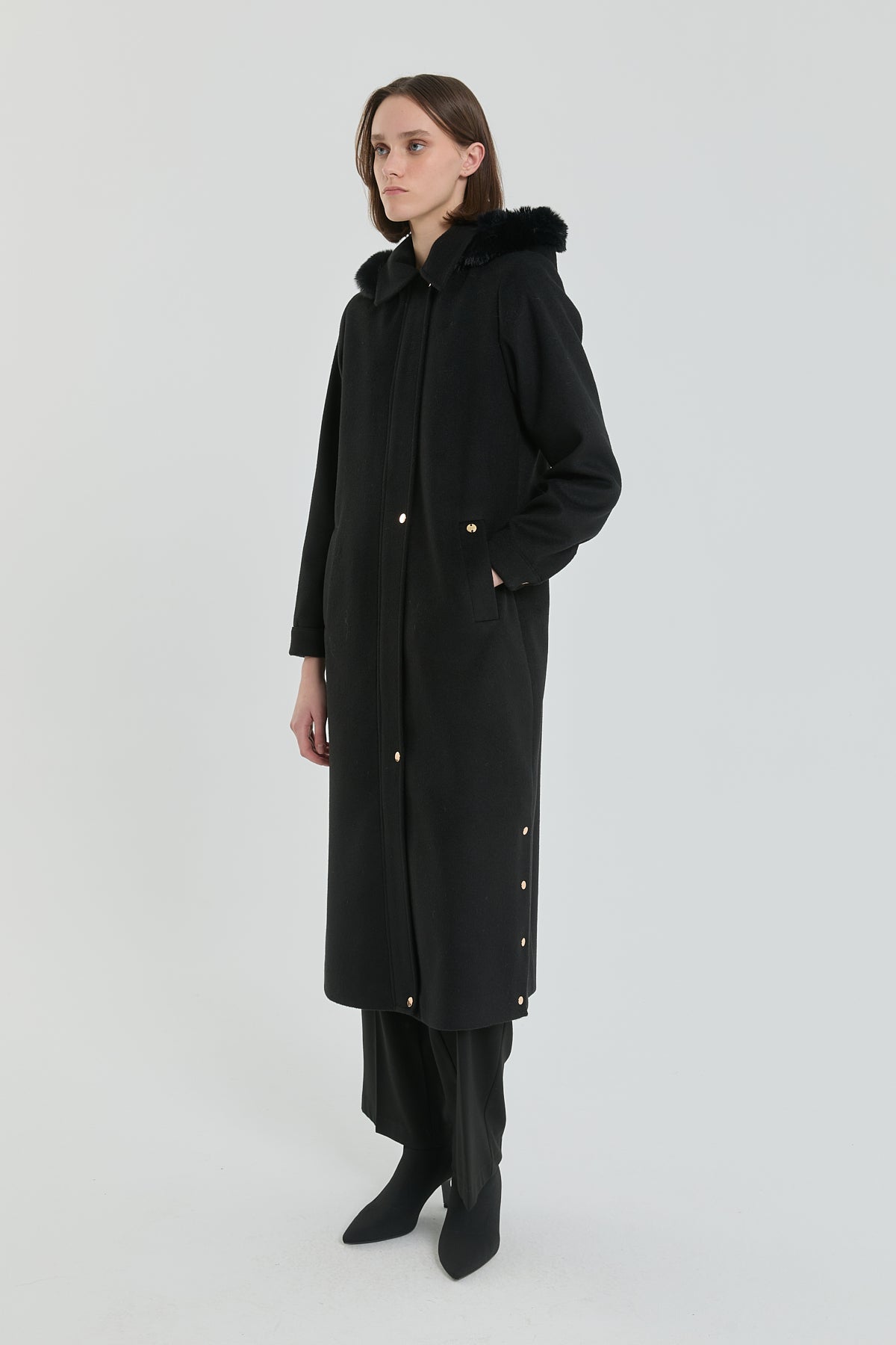 Plus Size Fur Hooded Coat - Black