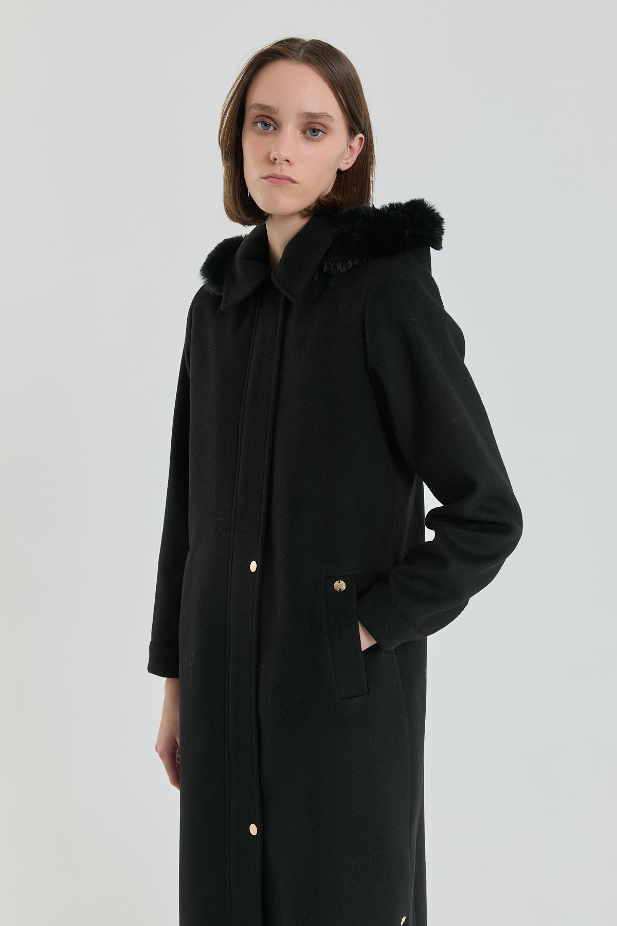 Plus Size Fur Hooded Coat - Black