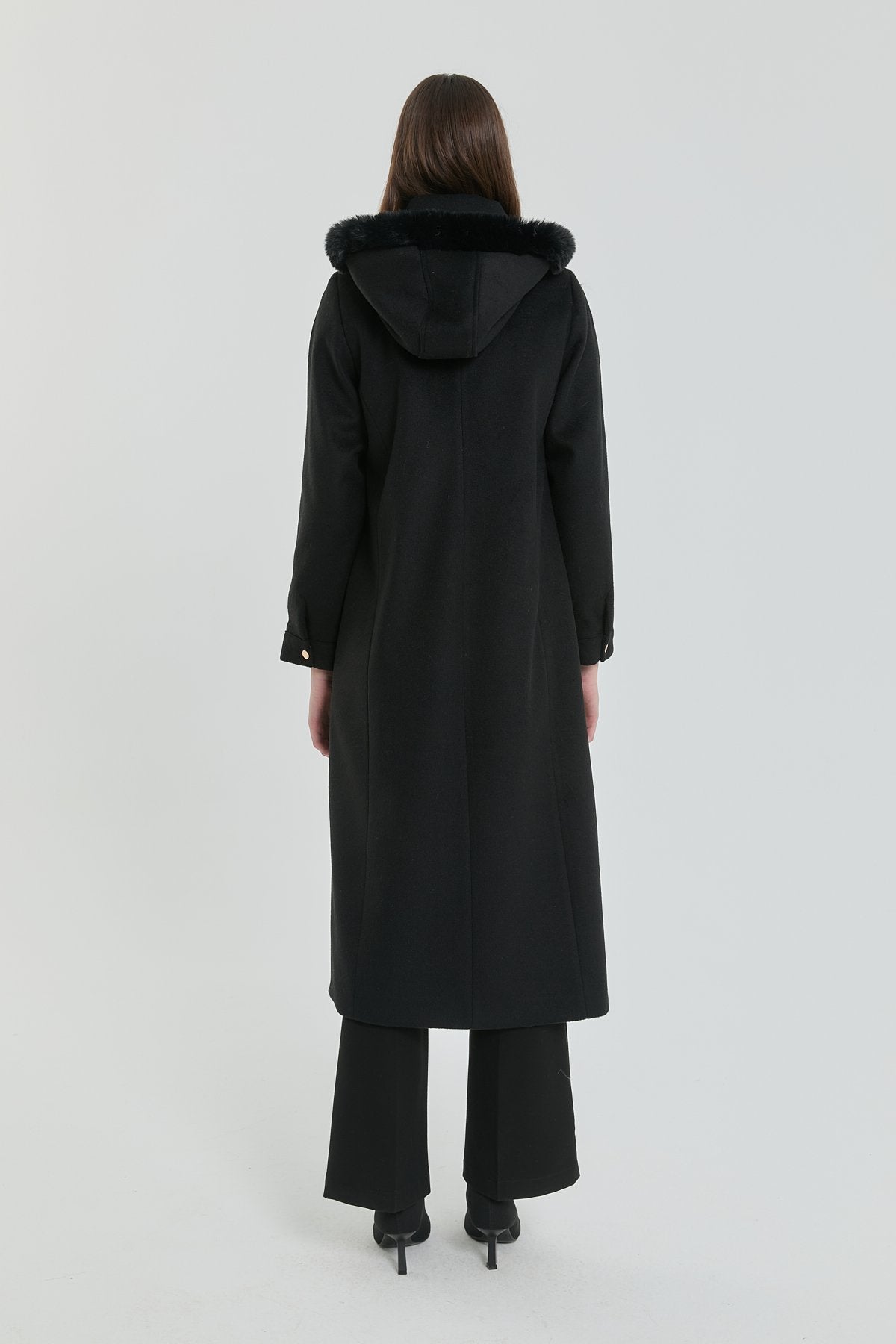 Plus Size Fur Hooded Coat - Black