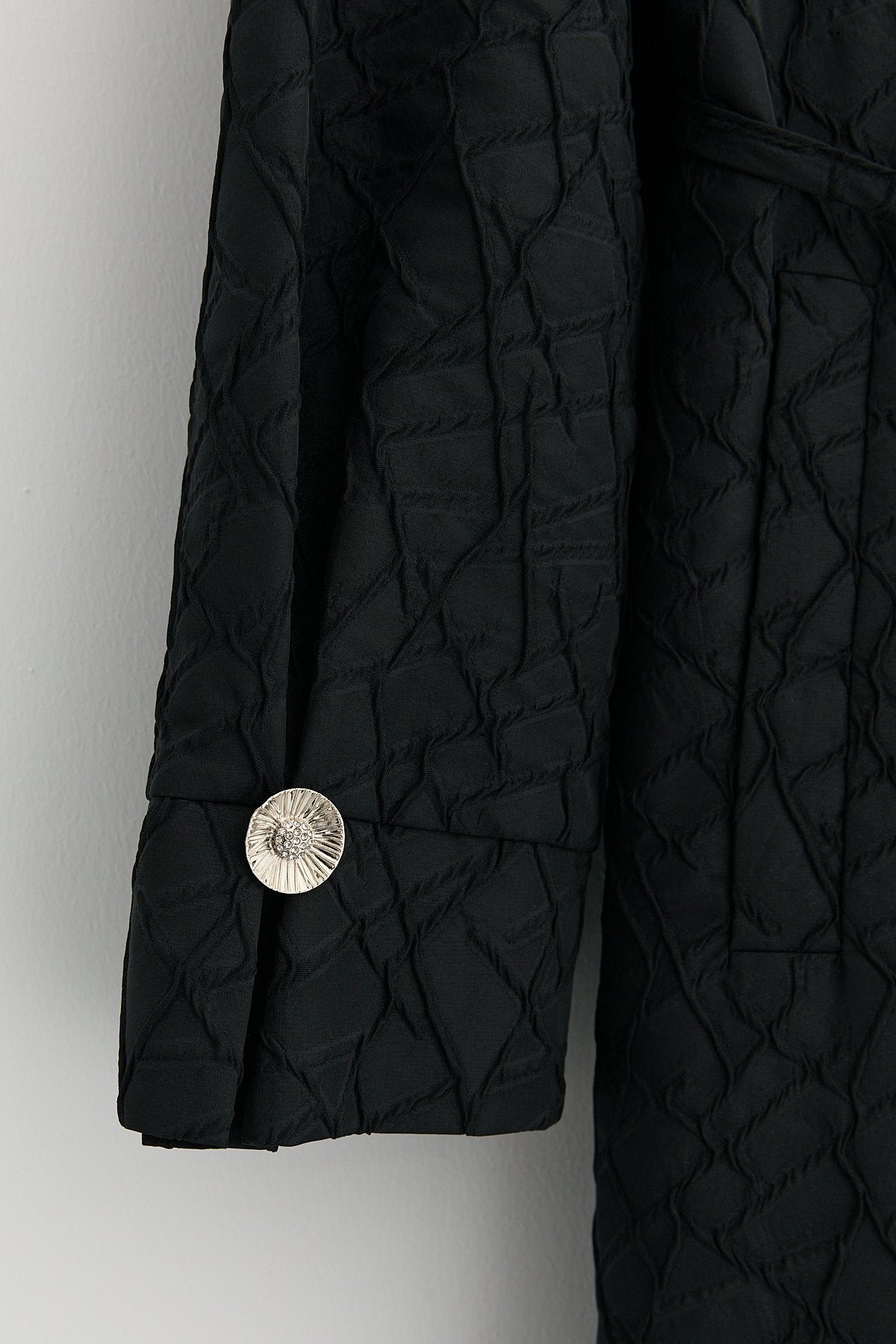 Plus Size Belted Textured Jacquard Trench Coat - Black