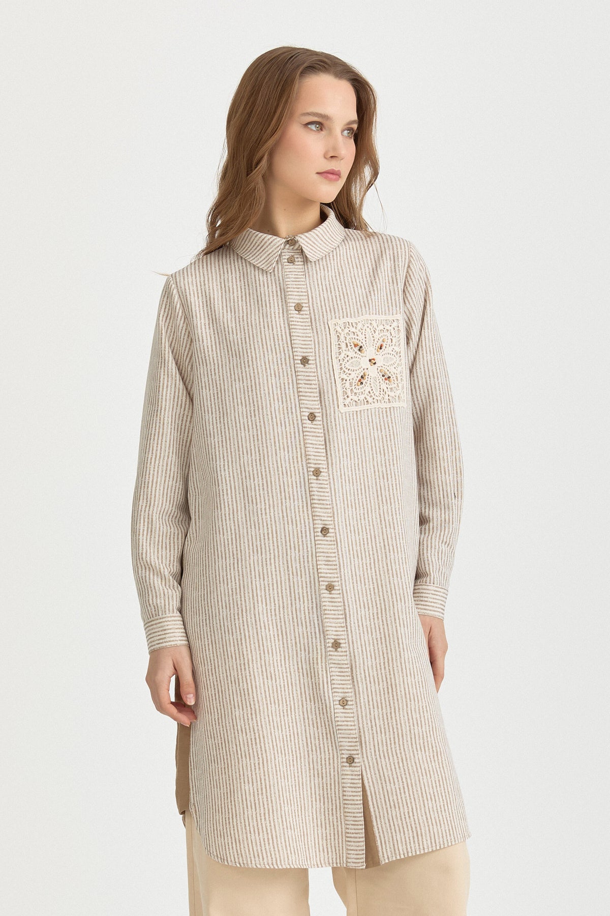 Plus Size Linen Tunic with Embroidery and Stripe Fabric - Beige