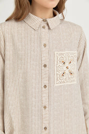 Plus Size Linen Tunic with Embroidery and Stripe Fabric - Beige