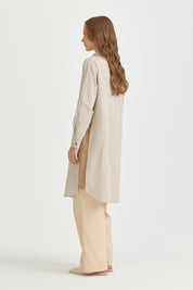 Plus Size Linen Tunic with Embroidery and Stripe Fabric - Beige