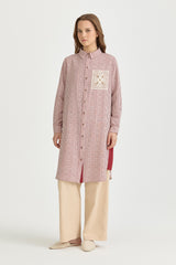 Plus Size Embroidered and Striped Linen Tunic - Burgundy