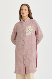Plus Size Embroidered and Striped Linen Tunic - Burgundy