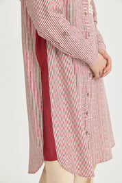Plus Size Embroidered and Striped Linen Tunic - Burgundy