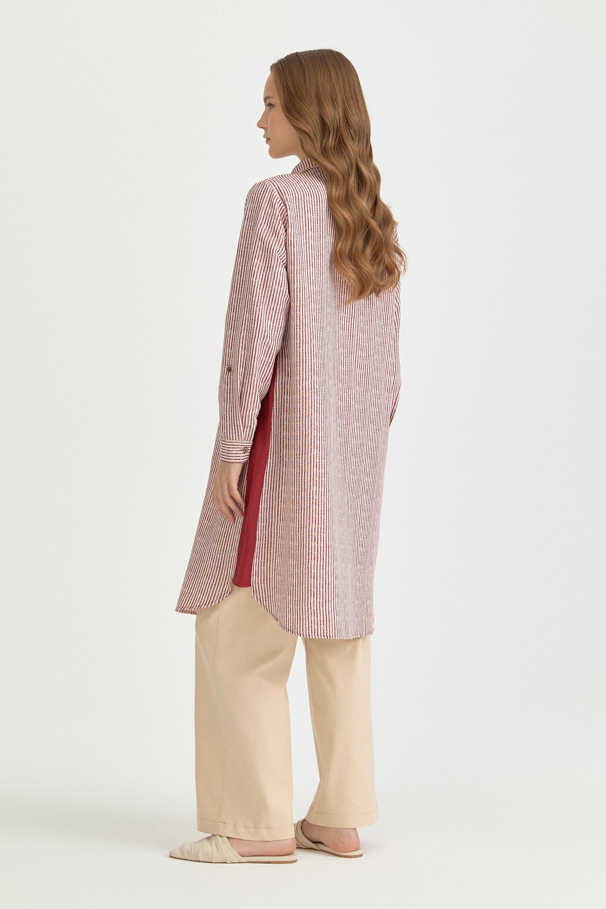 Plus Size Embroidered and Striped Linen Tunic - Burgundy