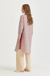Plus Size Embroidered and Striped Linen Tunic - Burgundy