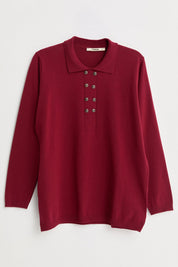 Plus Size Polo Collar Button-Down Viscose Sweater - Burgundy