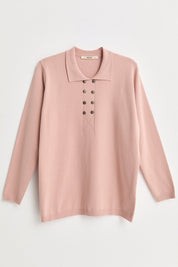 Plus Size Polo Collar Button-Down Viscose Sweater - Powder Pink