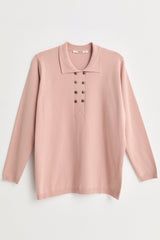 Plus Size Polo Collar Button-Down Viscose Sweater - Powder Pink