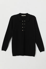 Plus Size Polo Collar Button-Down Viscose Sweater - Black