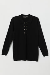 Plus Size Polo Collar Button-Down Viscose Sweater - Black