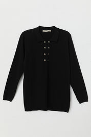 Plus Size Polo Collar Button-Down Viscose Sweater - Black