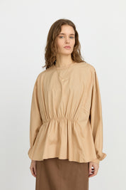 Gathered Detail Balloon Sleeve Poplin Cotton Blouse - Camel