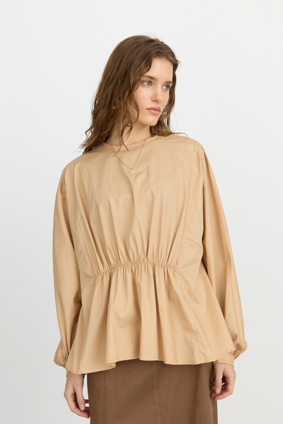 Gathered Detail Balloon Sleeve Poplin Cotton Blouse - Camel