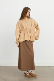 Gathered Detail Balloon Sleeve Poplin Cotton Blouse - Camel