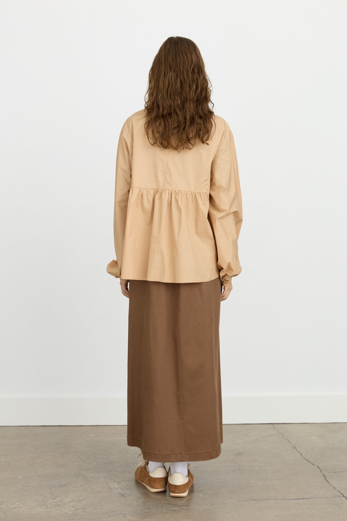 Gathered Detail Balloon Sleeve Poplin Cotton Blouse - Camel