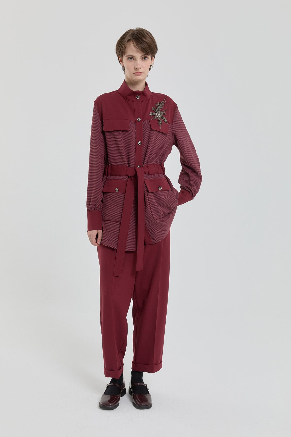 Büzgü Detaylı Pantolon Ceket Takım - Bordo